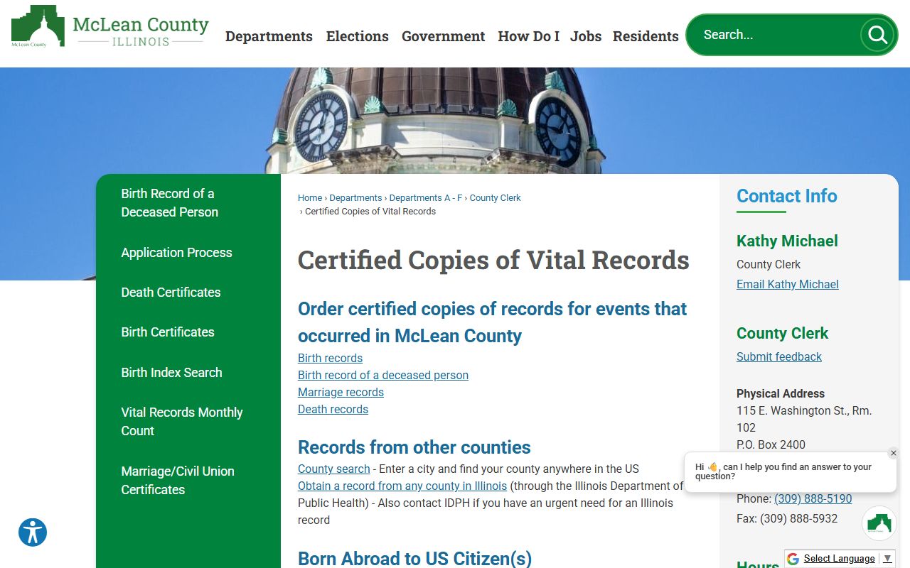 McLean County certified copies of vital records page for Bloomington