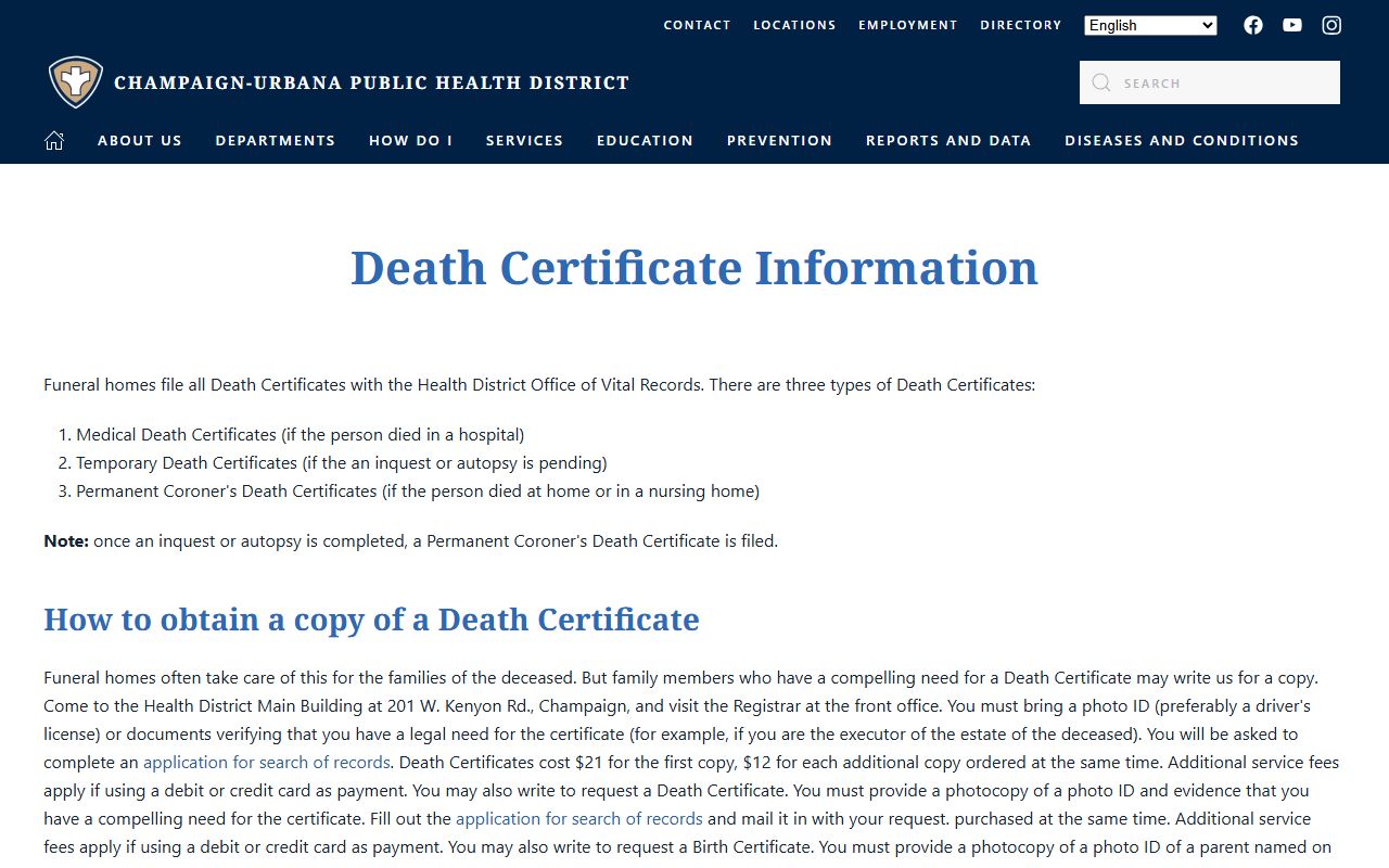 Champaign-Urbana Public Health District death certificates page for Champaign Illinois death records