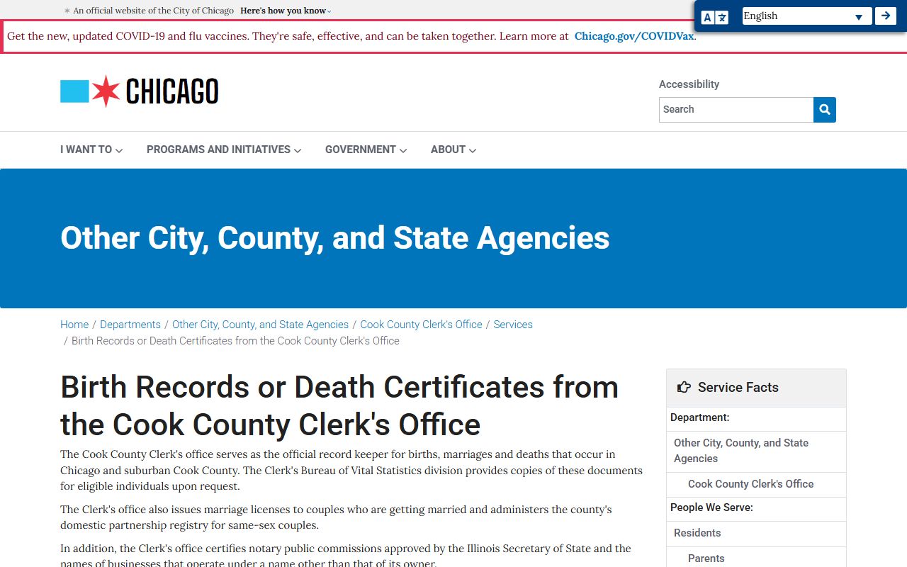 Chicago city vital records page showing death certificate request information
