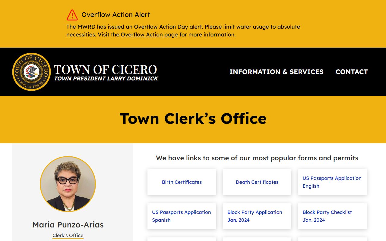 Cicero town clerk department information page for vital records requests