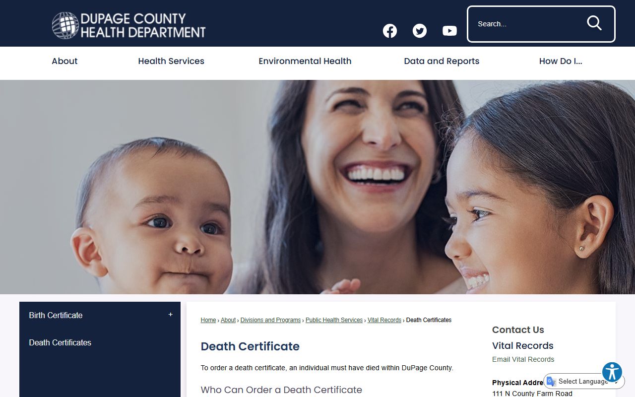 DuPage County Health Department death certificates page for Downers Grove