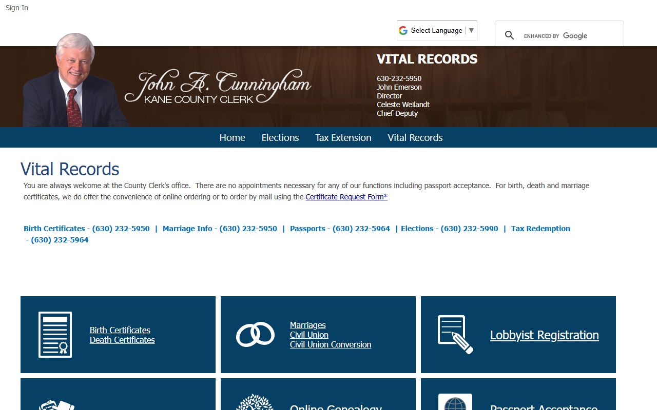 Kane County vital records portal for Elgin