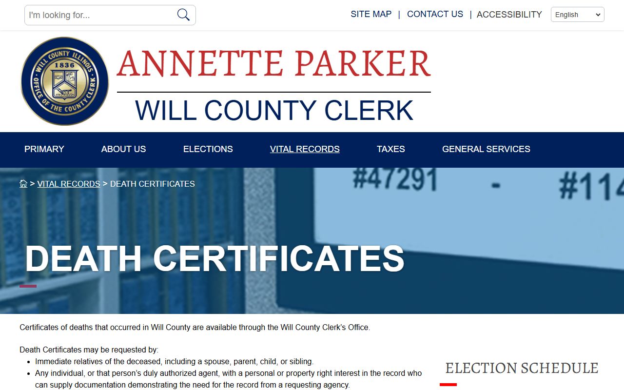 Will County Clerk vital records page for Joliet death certificates