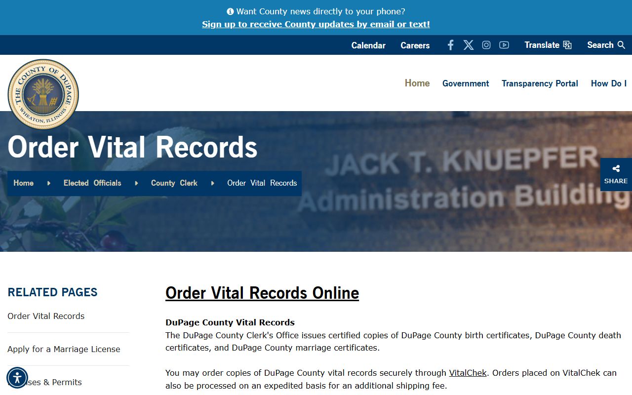 DuPage County vital records page for Naperville death records