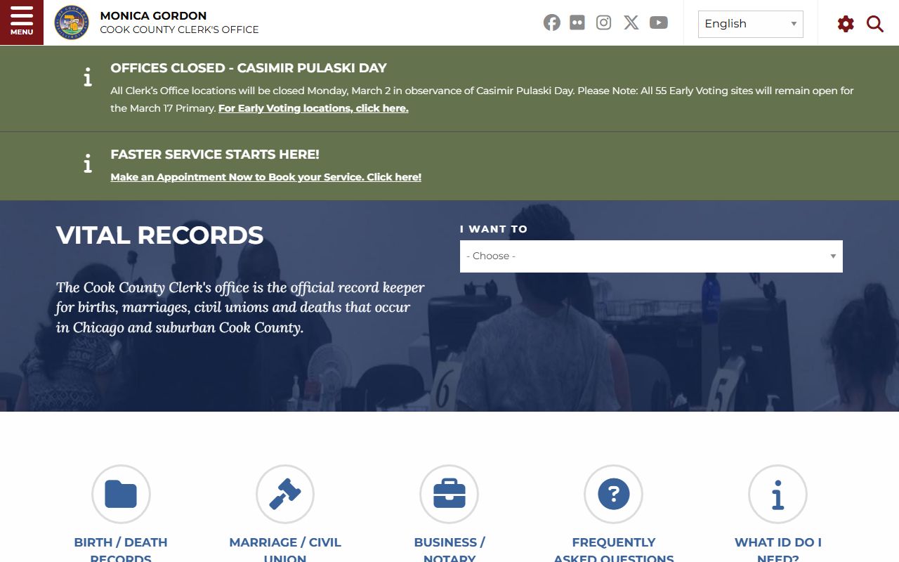 Cook County Clerk vital records page with Oak Park death certificate fees and request options