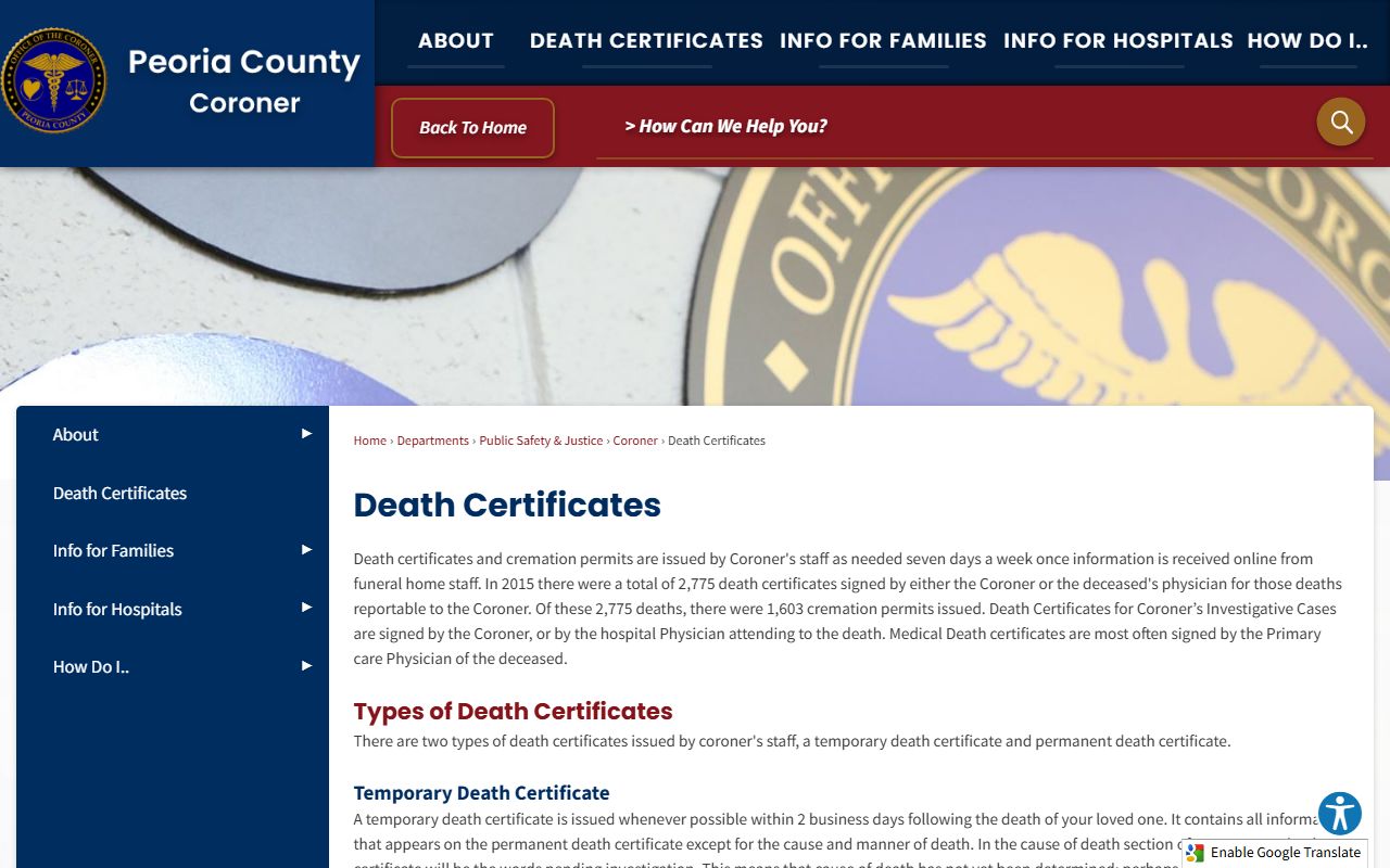 Peoria County death certificates page showing request procedures