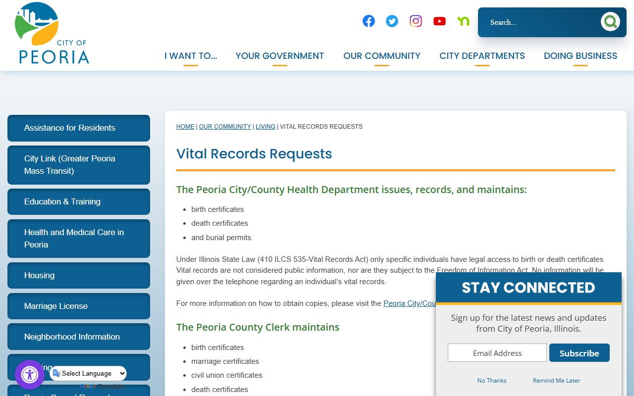 City of Peoria vital records requests page