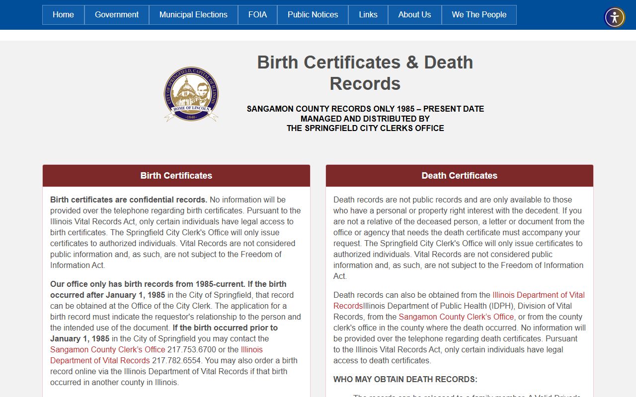 Springfield City Clerk birth and death records request page