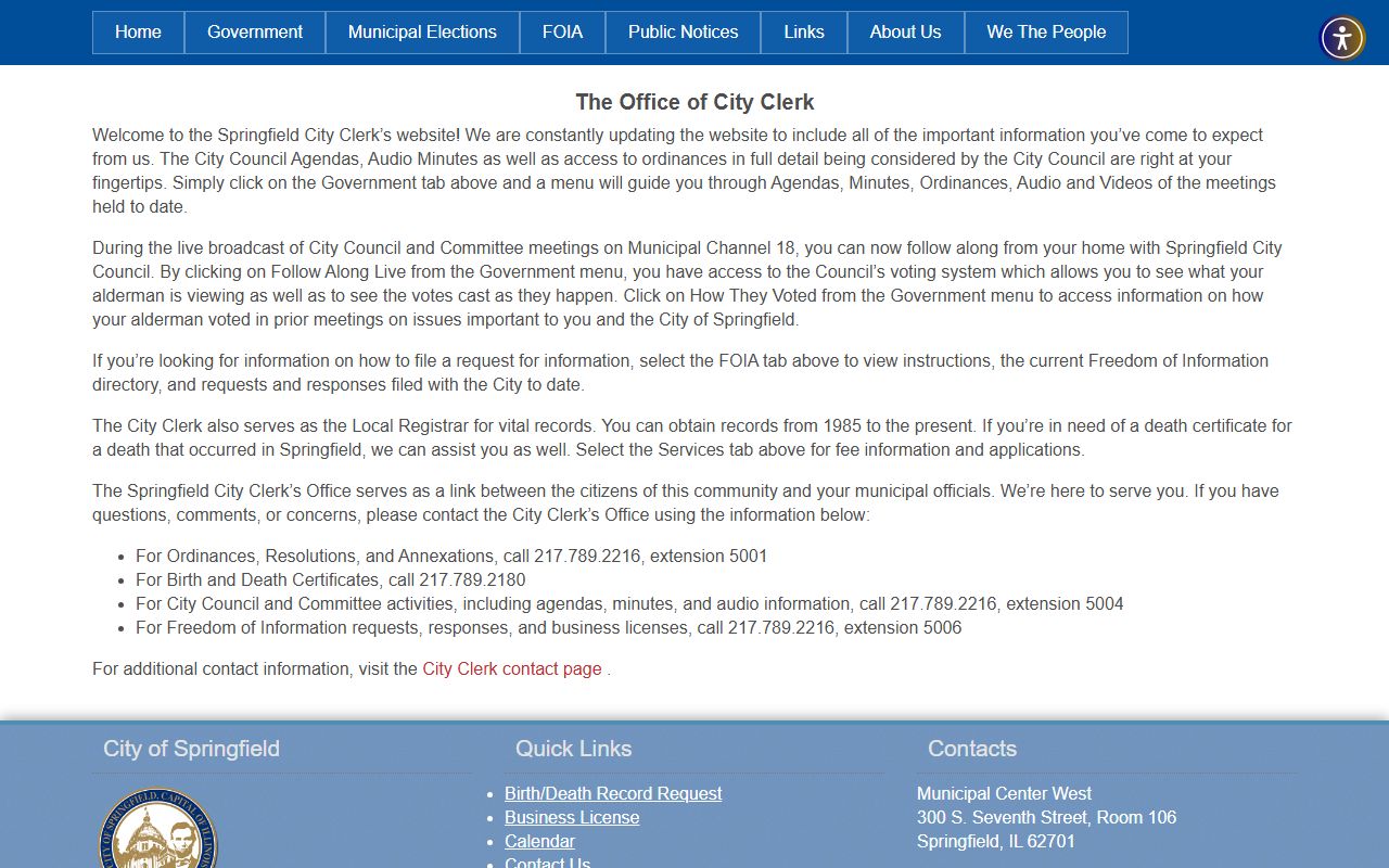 Springfield City Clerk office information page