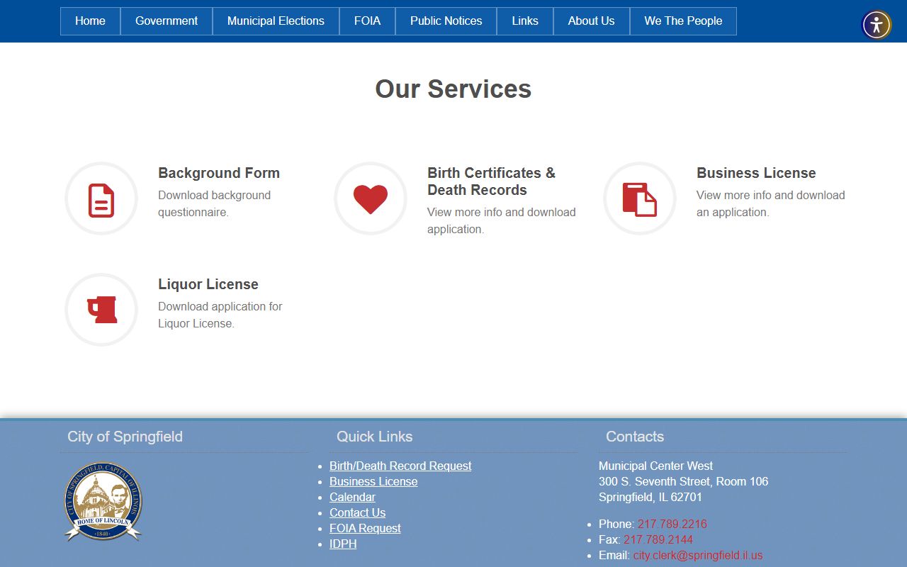 Springfield City Clerk services page for death certificate requests