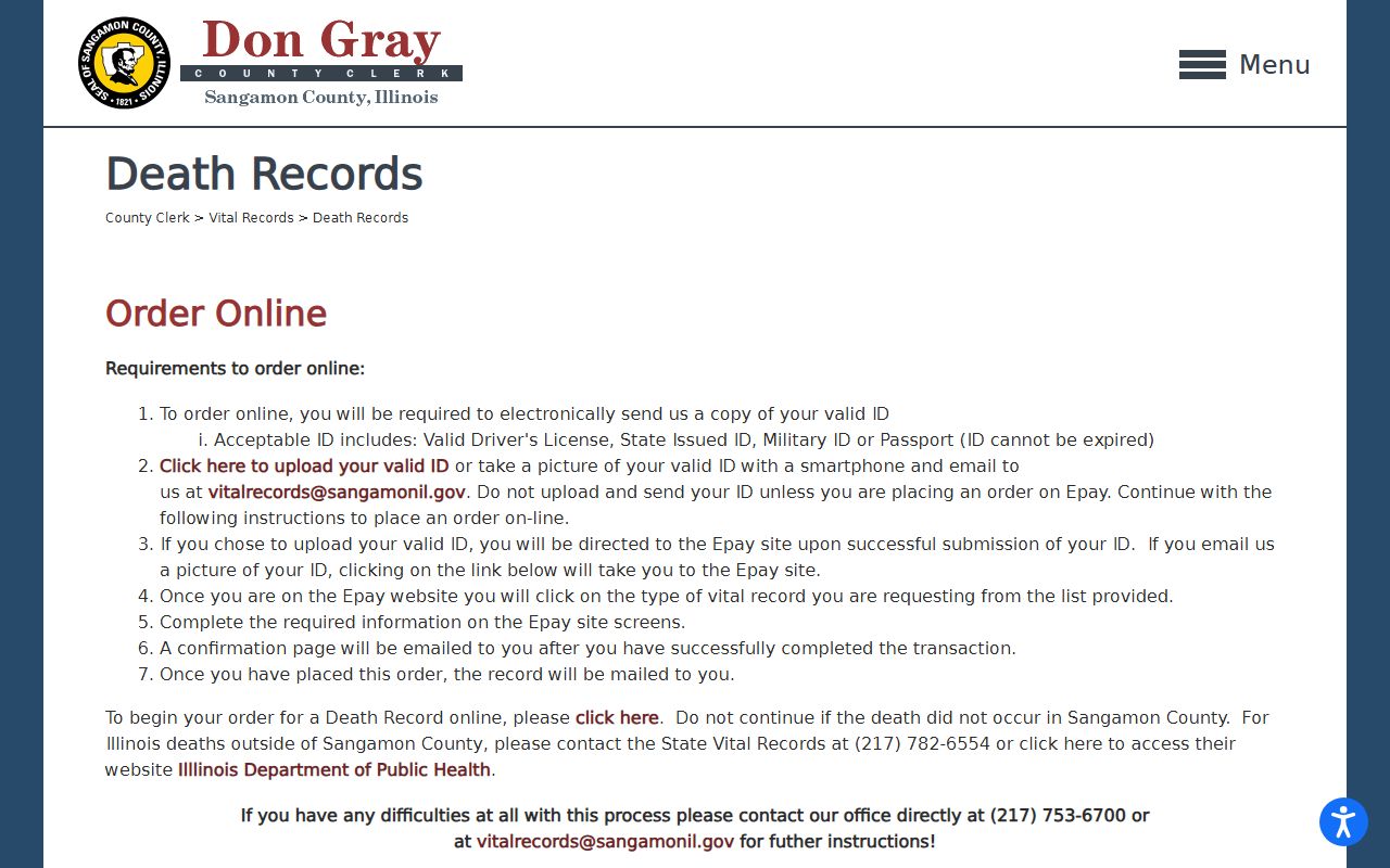 Sangamon County vital records page for Springfield death records