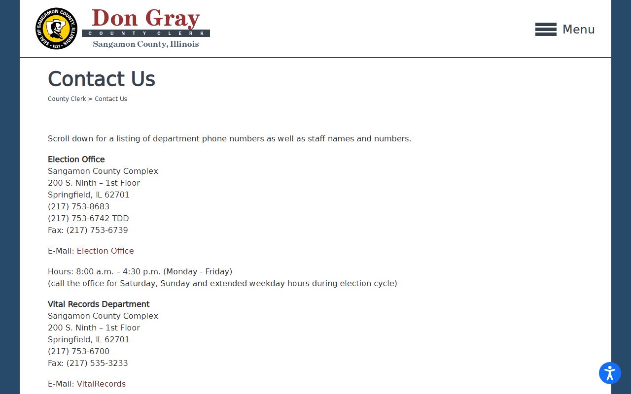 Sangamon County Clerk contact information for Springfield