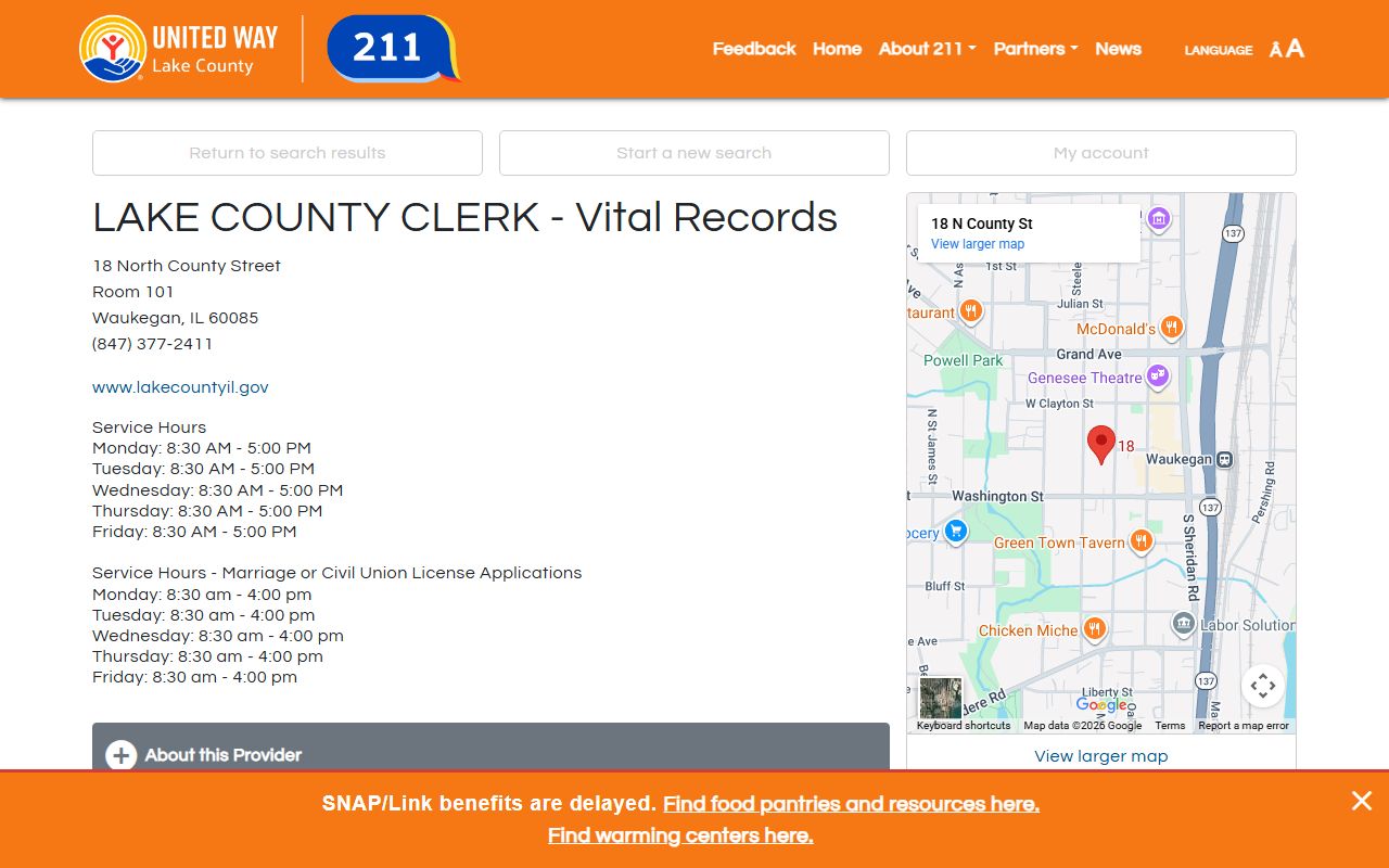 211 Lake County vital records resource for Waukegan