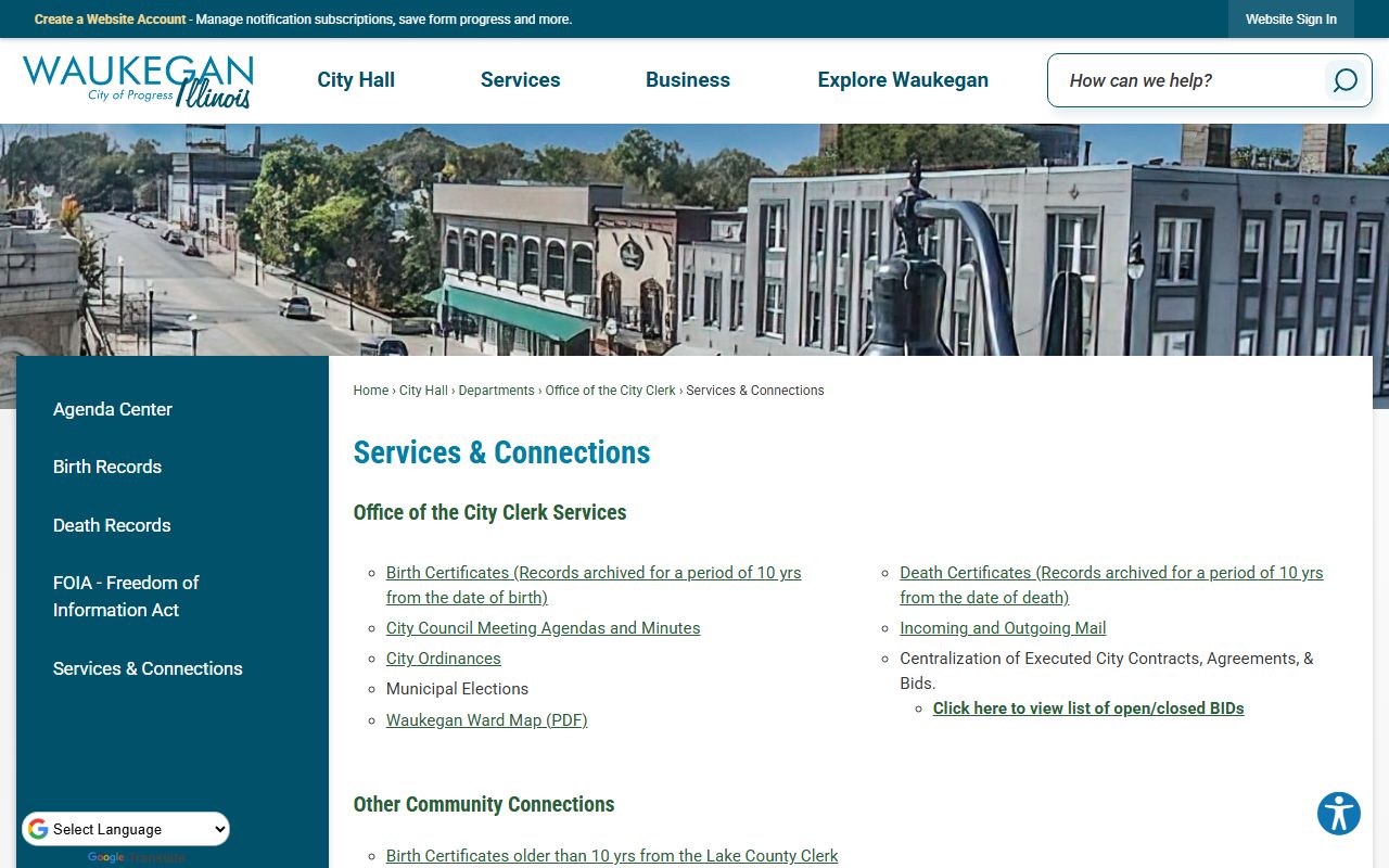 City of Waukegan services page for residents seeking records