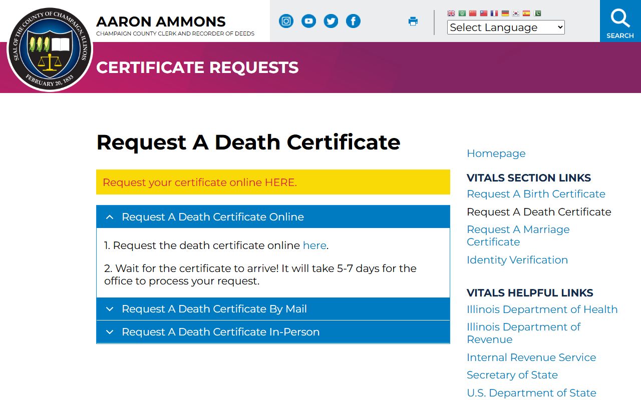 Champaign County Clerk death certificate request page with fee information