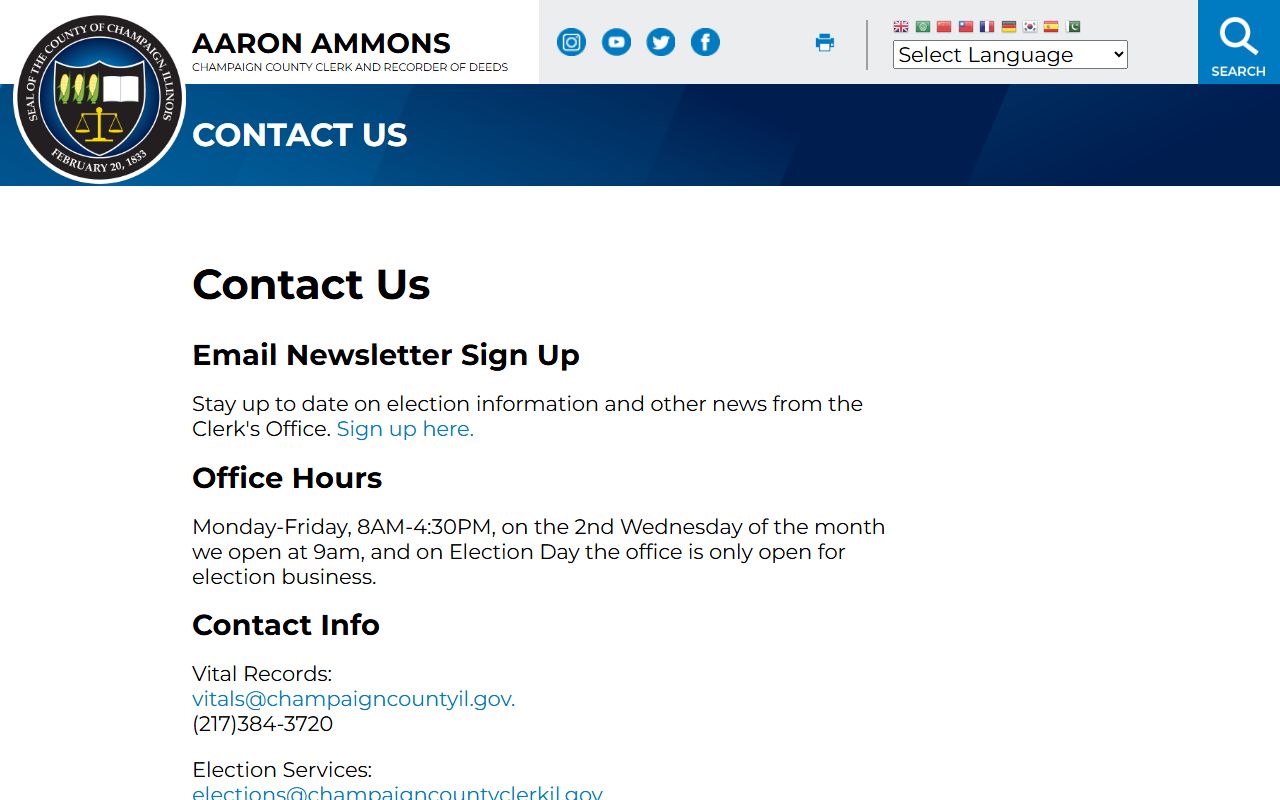 Champaign County Clerk contact information page for vital records inquiries