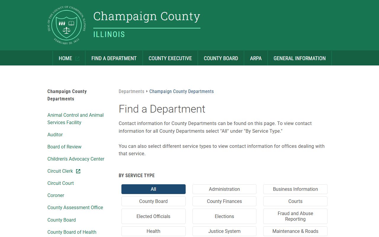 Champaign County departments page showing vital records and death certificate services
