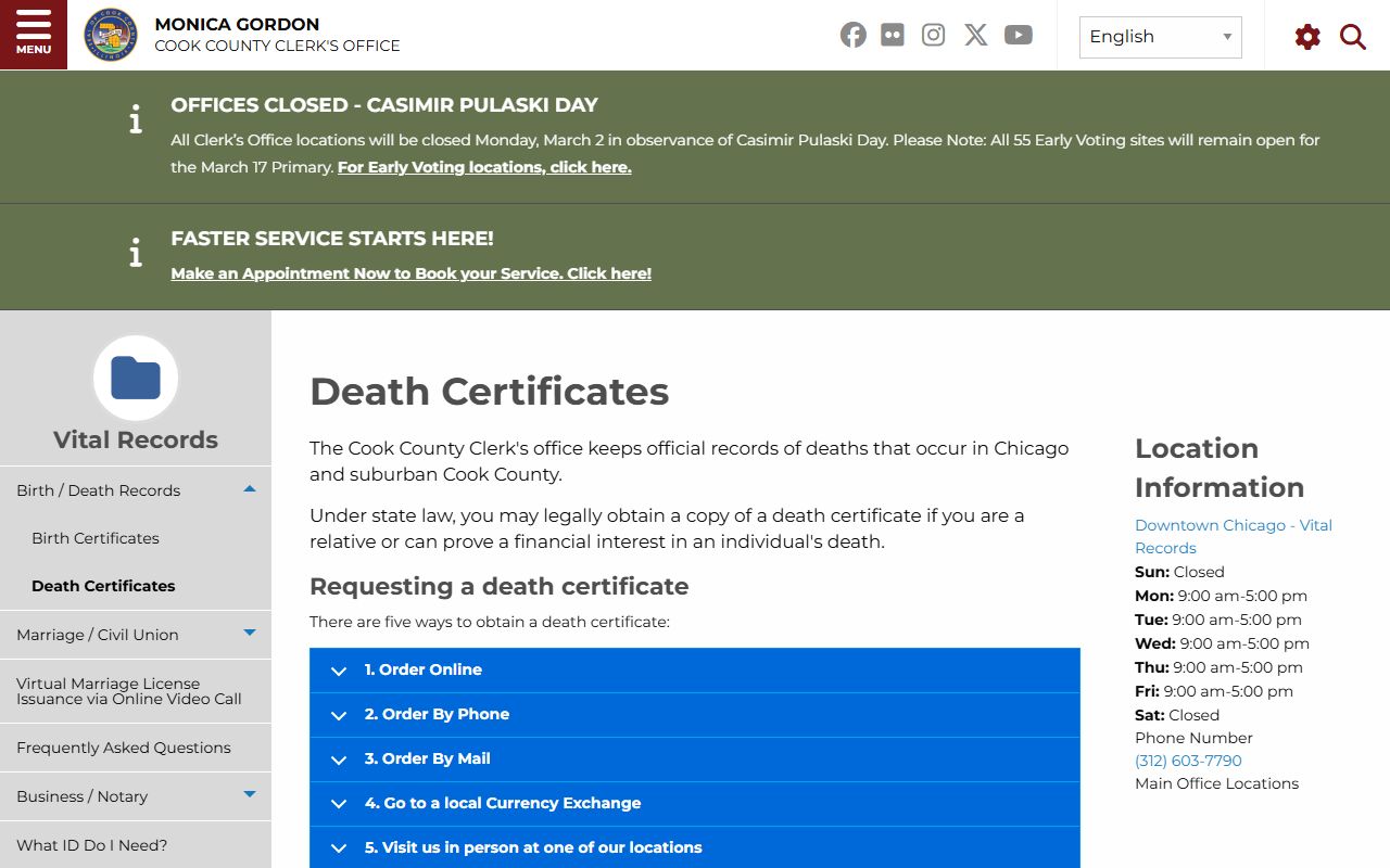 Cook County death records official page with fee schedule and eligibility requirements