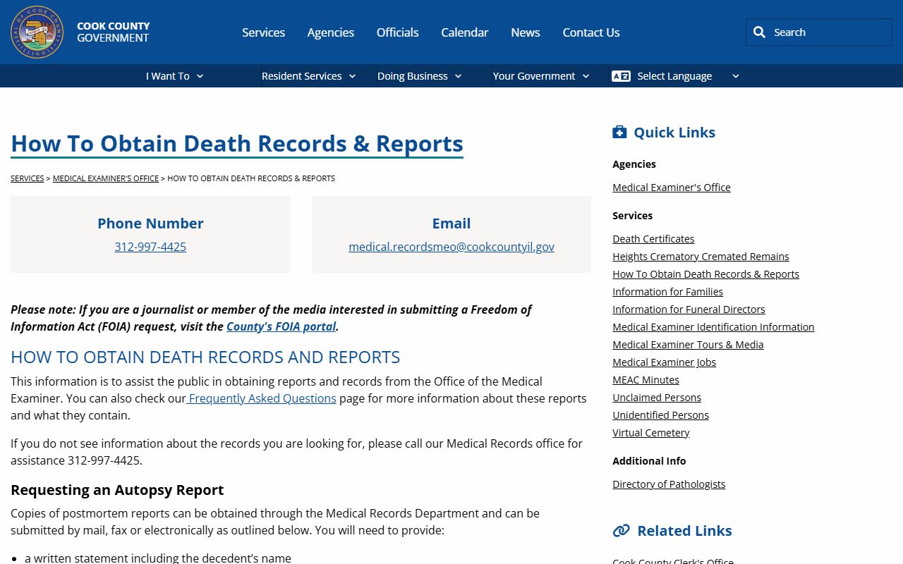 Cook County page for obtaining death records and autopsy reports from the Medical Examiner