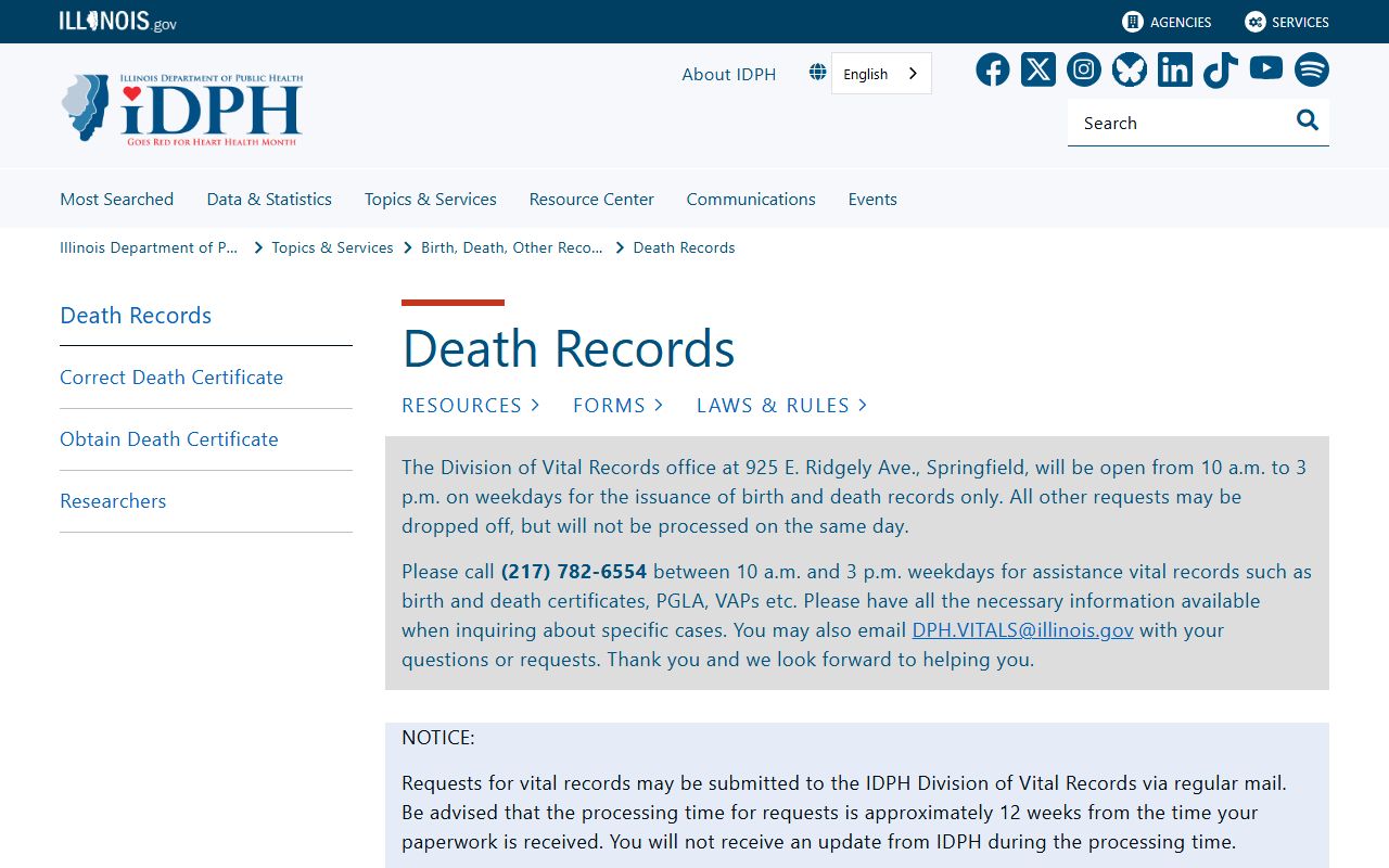 IDPH death records page for Hancock County Illinois residents