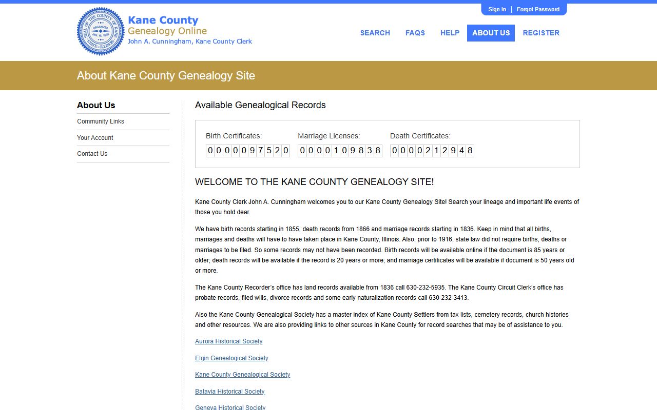 Kane County genealogy records portal for online death record searches