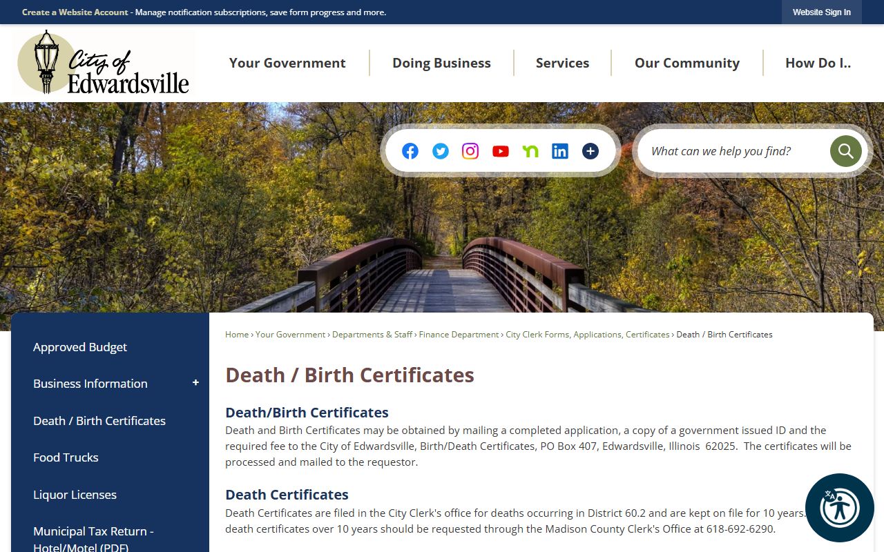 Edwardsville Illinois city death and birth certificates page