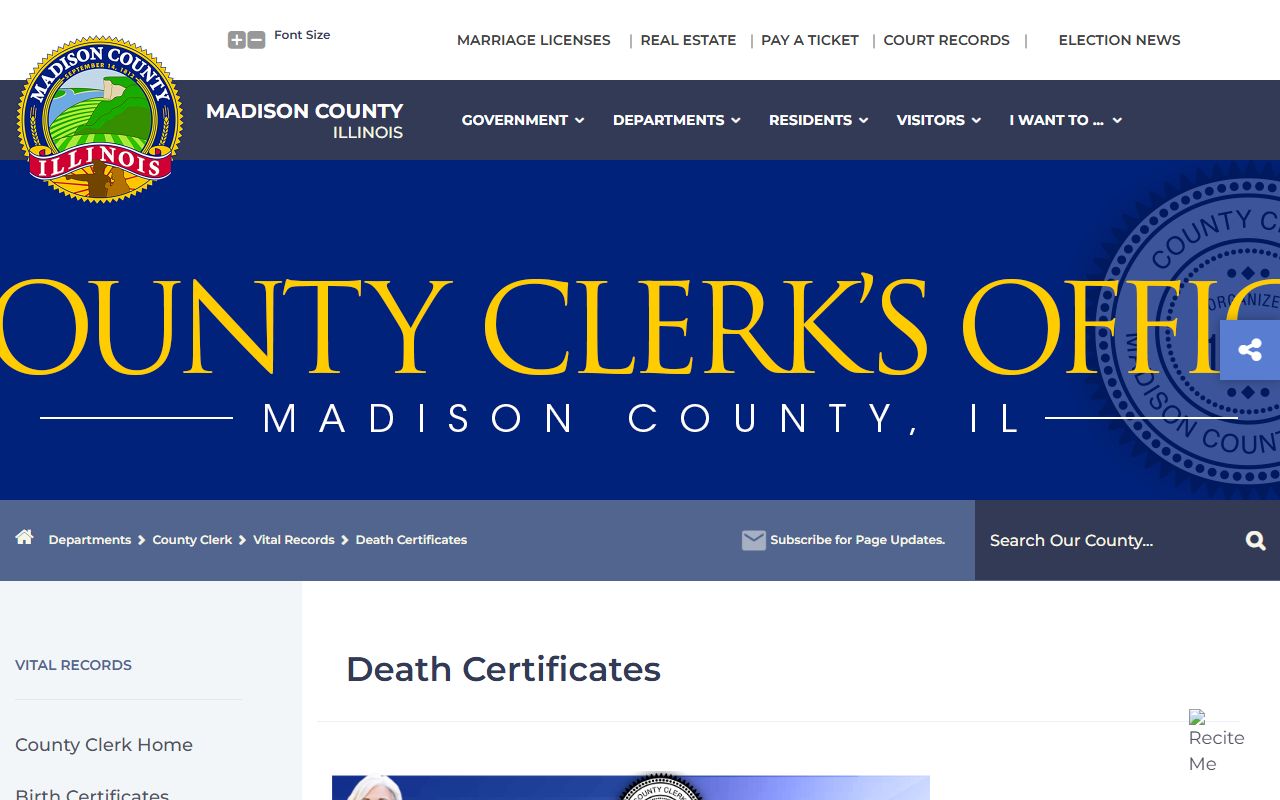 Madison County Illinois death certificates page showing request process and fees