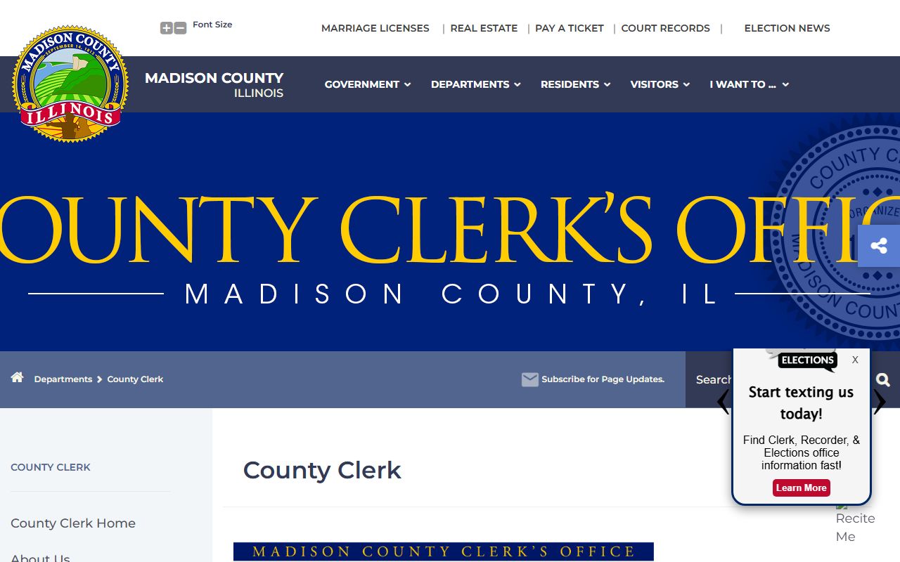 Madison County Clerk main department page listing all county clerk services