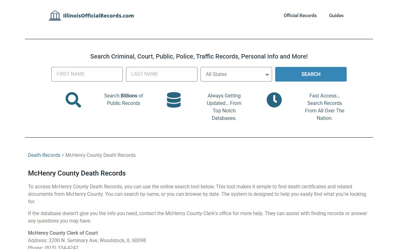 McHenry County death records page with request form and fee schedule