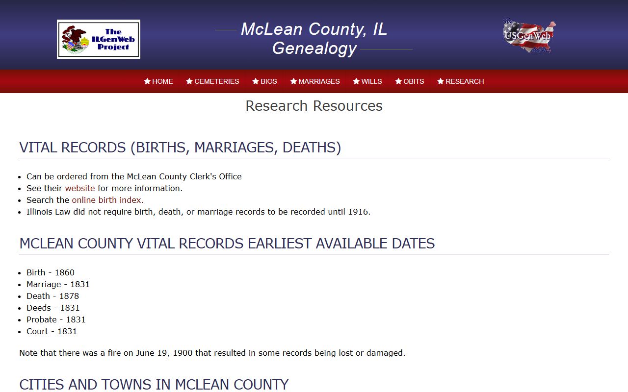 McLean County Illinois GenWeb research page for genealogical death records research