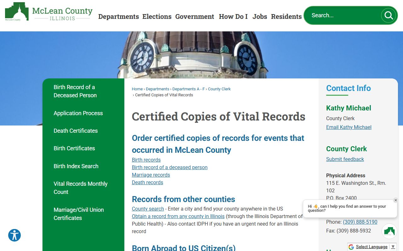 McLean County certified vital records page for ordering death certificates in Bloomington Illinois