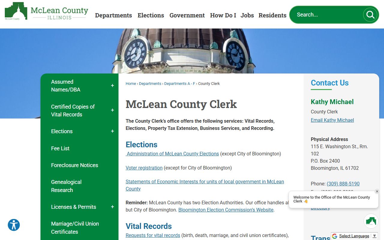 McLean County Clerk department main page with all county clerk services listed
