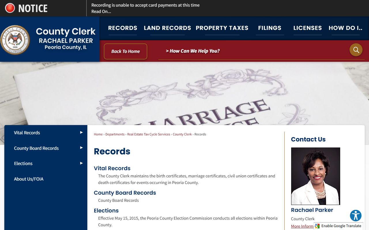 Peoria County records page for death records and vital records access