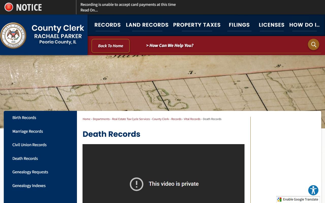 Peoria County death records page with access and request information