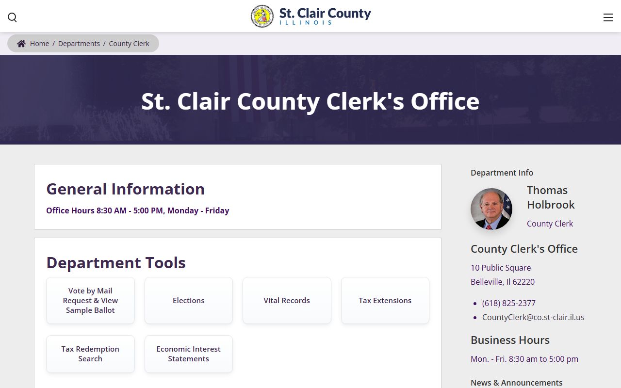 St. Clair County Clerk official page for death records in Belleville Illinois