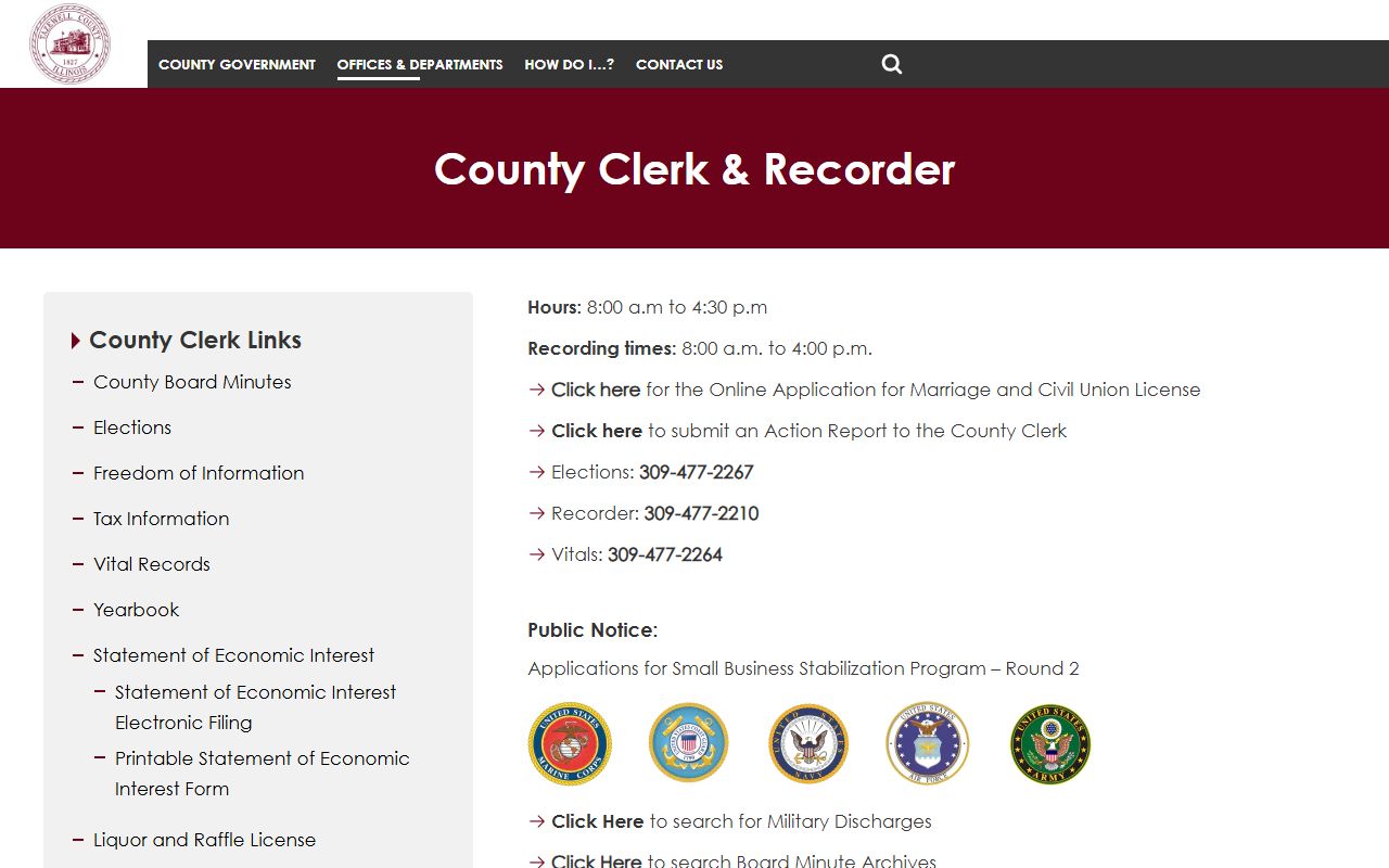 Tazewell County Clerk and Recorder office page for death records in Pekin Illinois