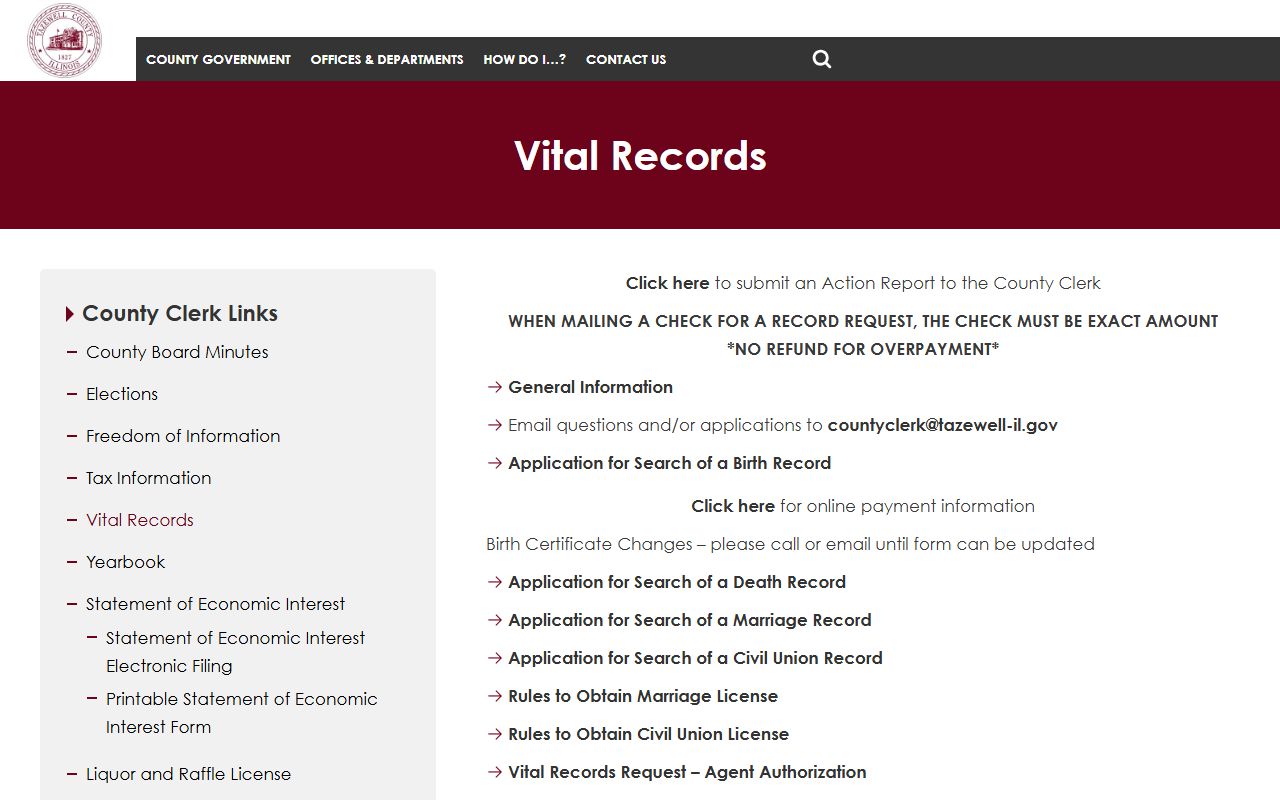 Tazewell County vital records page showing death certificate request procedures in Pekin Illinois