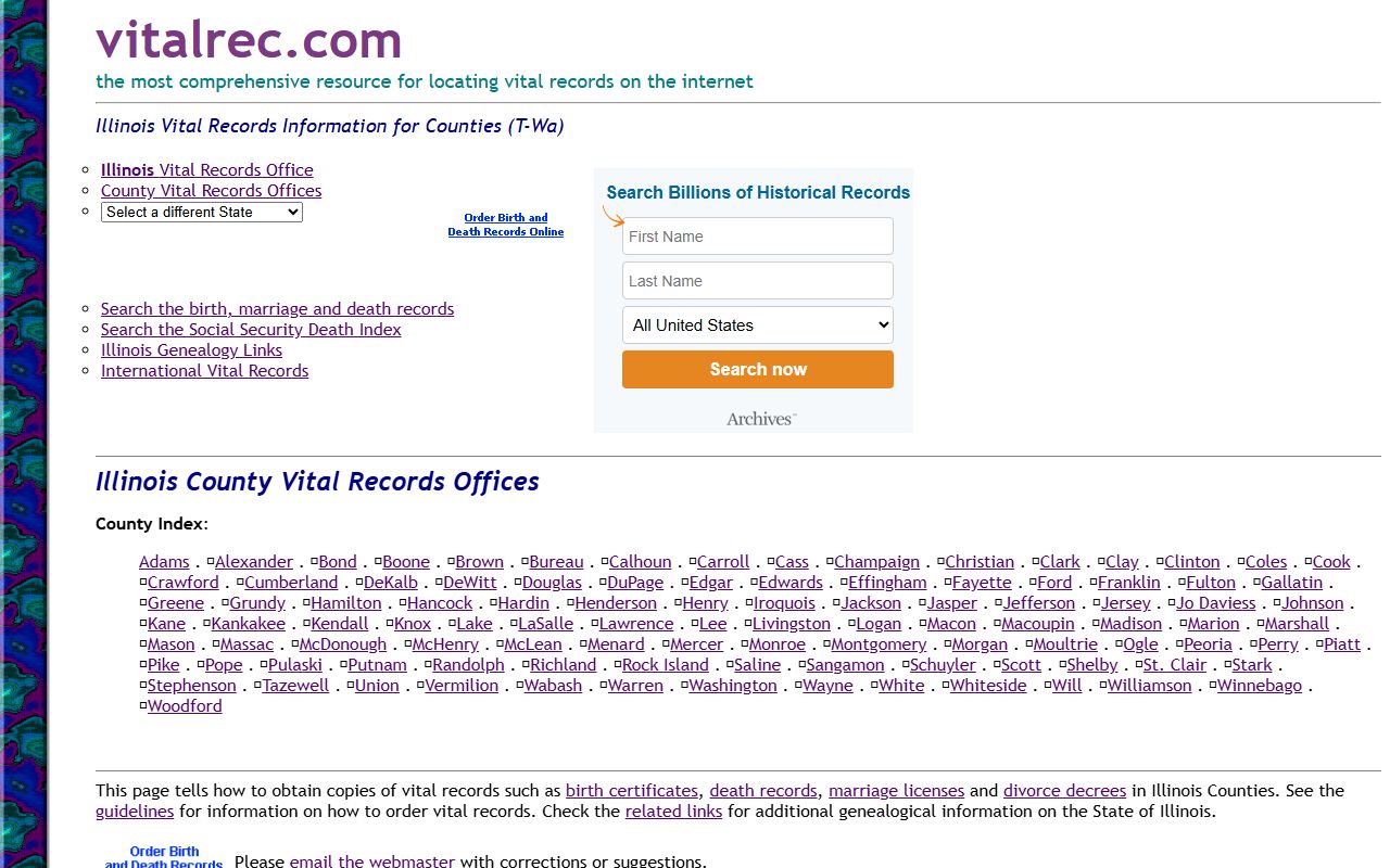 Illinois vital records reference guide listing Wabash County death certificate contact information