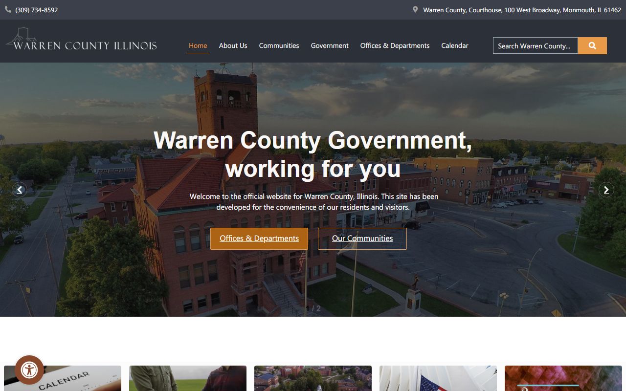 Warren County Illinois official website showing clerk contact information for death records in Monmouth
