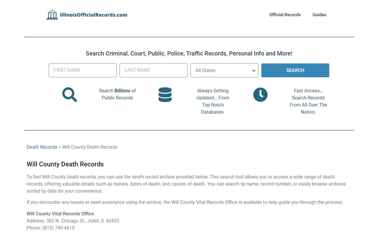 Will County Health Department vital records page for death certificates in Joliet Illinois