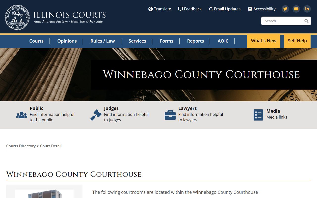 Illinois Courts directory page for Winnebago County Courthouse in Rockford