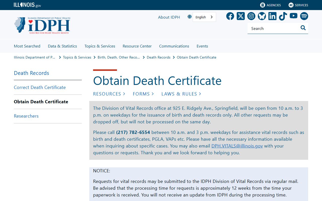 IDPH page showing how to obtain an Illinois death certificate with steps and fee schedule