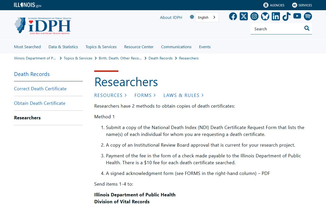 IDPH researchers information page describing how to obtain Illinois death records for approved research projects