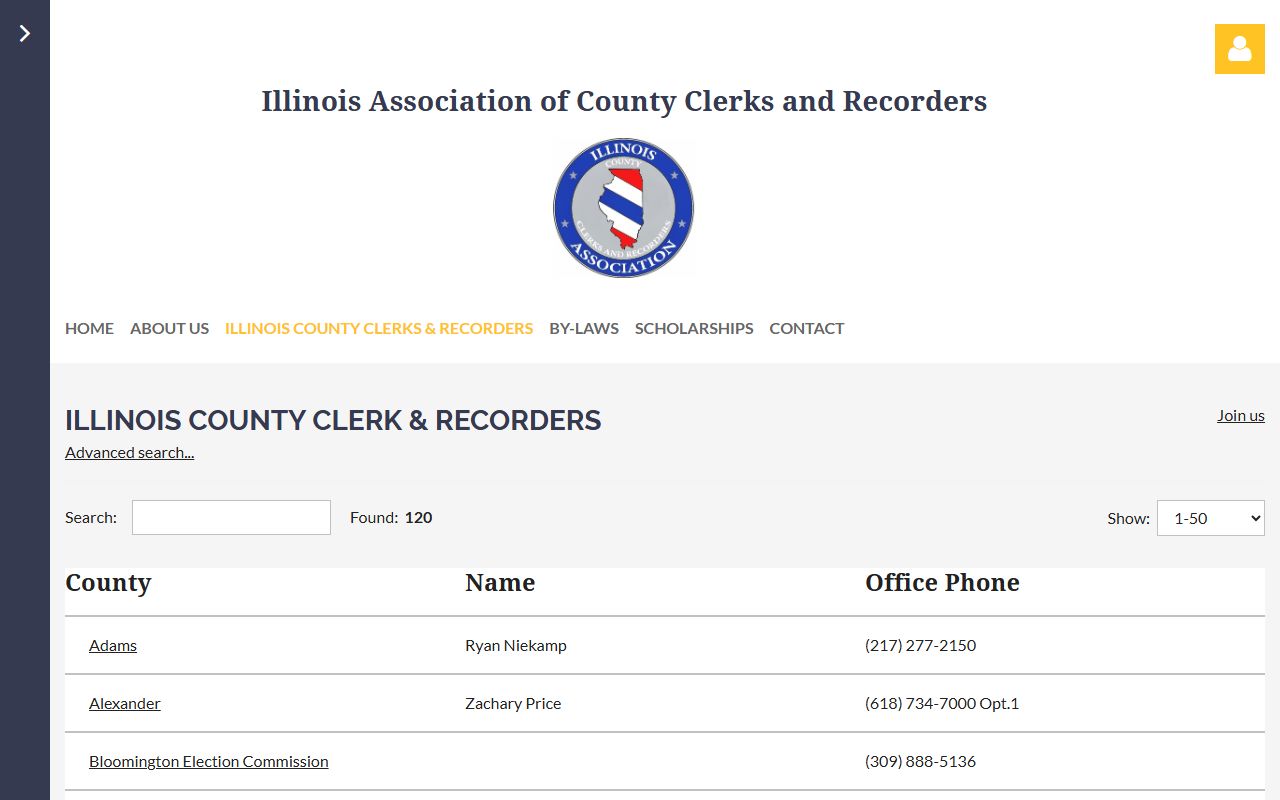 Illinois Association of County Clerks and Recorders directory showing county clerk listings for death records