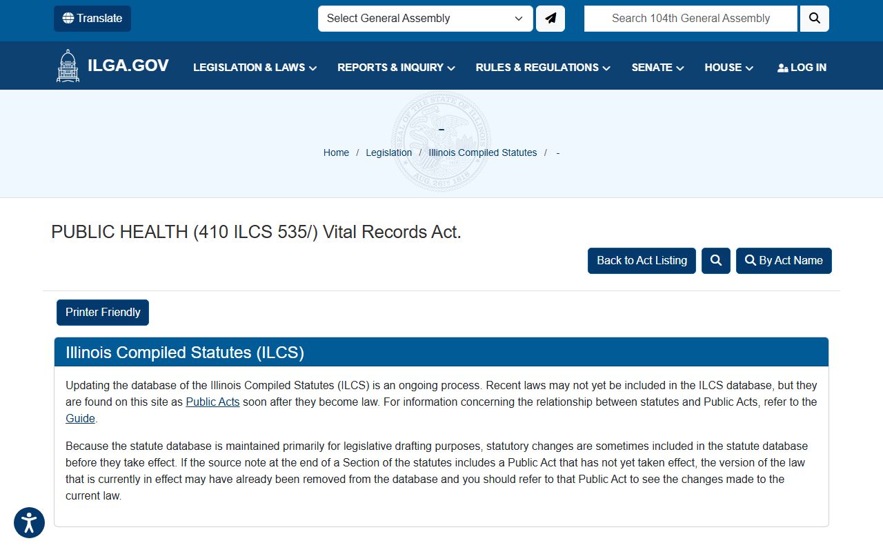 Illinois General Assembly page showing the Vital Records Act statute 410 ILCS 535 for death records